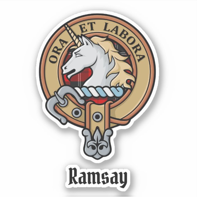Clan Ramsay Crest over Red Tartan Sticker (Front)