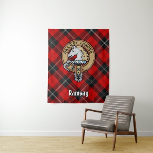 Clan Ramsay Crest over Red Tartan Tapestry