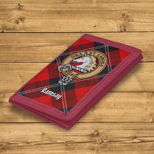 Clan Ramsay Crest over Red Tartan Trifold Wallet