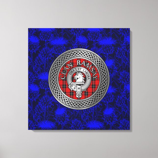 Clan Ramsay Crest & Tartan Knot on Thistle Canvas Print (Front)