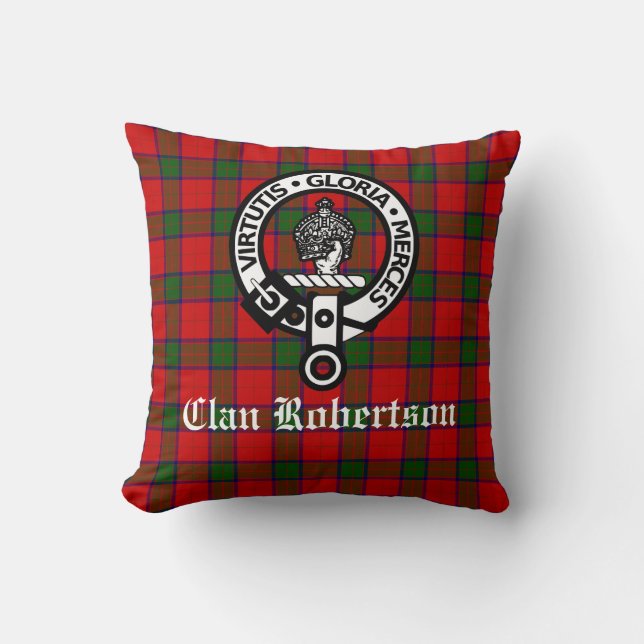 Clan Robertson Crest Badge and Tartan Throw Pillow (Front)