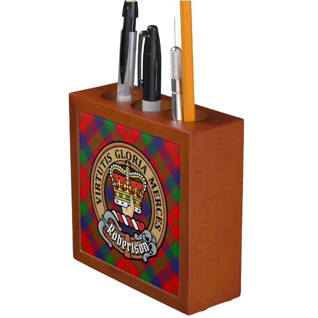 Clan Robertson Crest over Tartan Desk Organizer (In Situ)