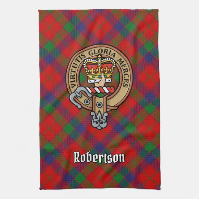 Clan Robertson Crest over Tartan Kitchen Towel (Vertical)