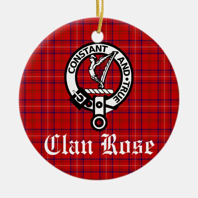 Clan Rose Crest and Tartan Personalized Ceramic Ornament (Front)