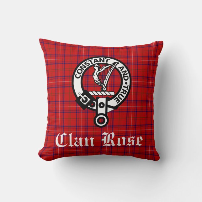Clan Rose Crest Badge and Tartan Throw Pillow (Front)