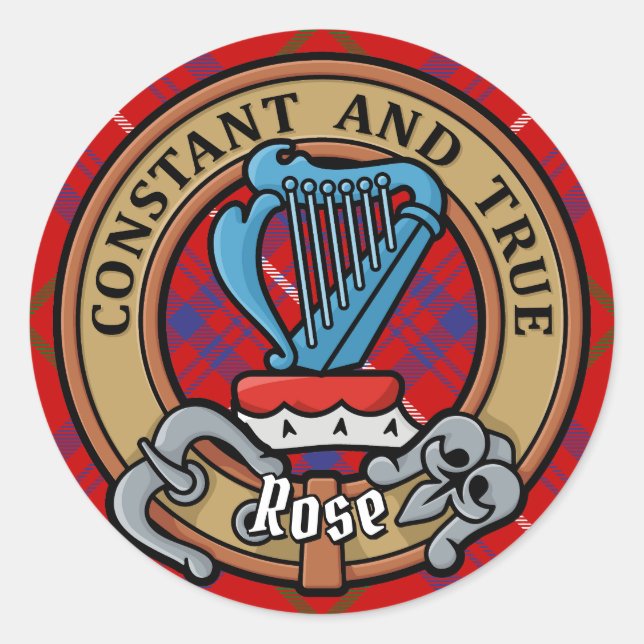 Clan Rose Crest over Tartan Classic Round Sticker (Front)