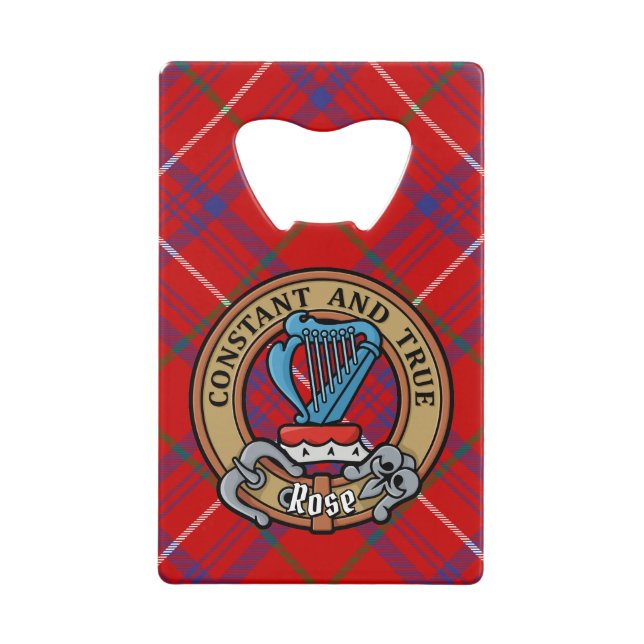 Clan Rose Crest over Tartan Credit Card Bottle Opener (Front)