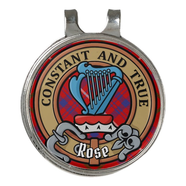 Clan Rose Crest over Tartan Golf Hat Clip (Front)