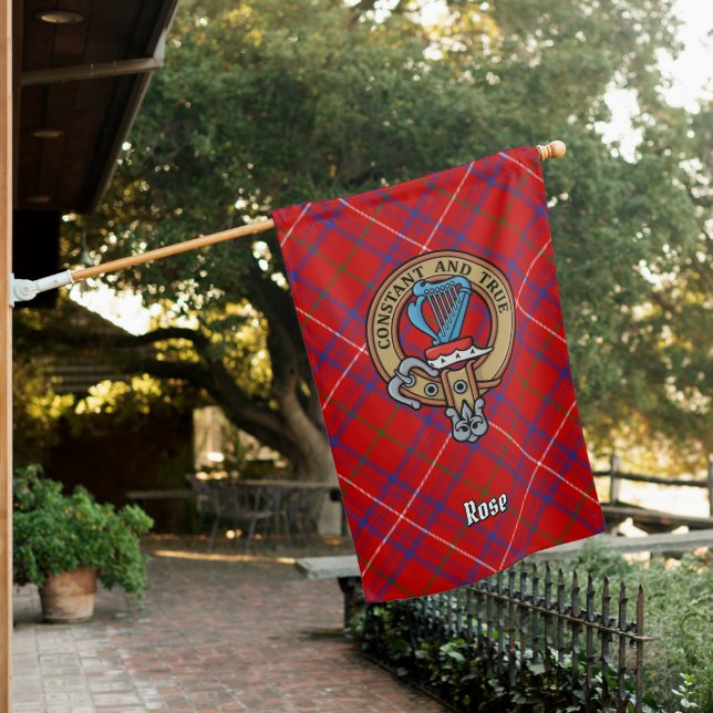 Clan Rose Crest over Tartan House Flag (In SItu)