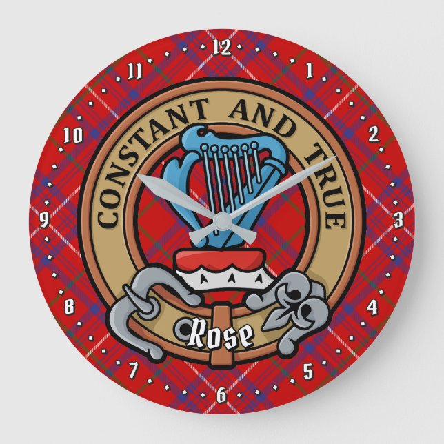 Clan Rose Crest over Tartan Large Clock (Front)