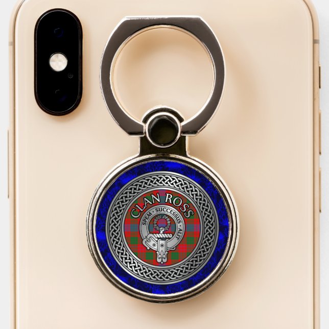 Clan Ross Crest & Tartan Knot Phone Ring Stand (Close Up)