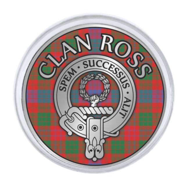 Clan Ross Crest & Tartan Knot Silver Finish Lapel Pin (Front)