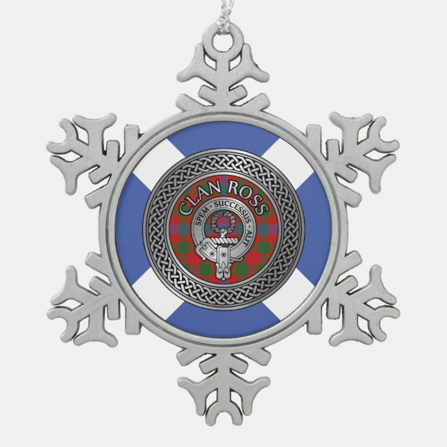 Clan Ross Crest & Tartan Knot Snowflake Pewter Christmas Ornament (Front)