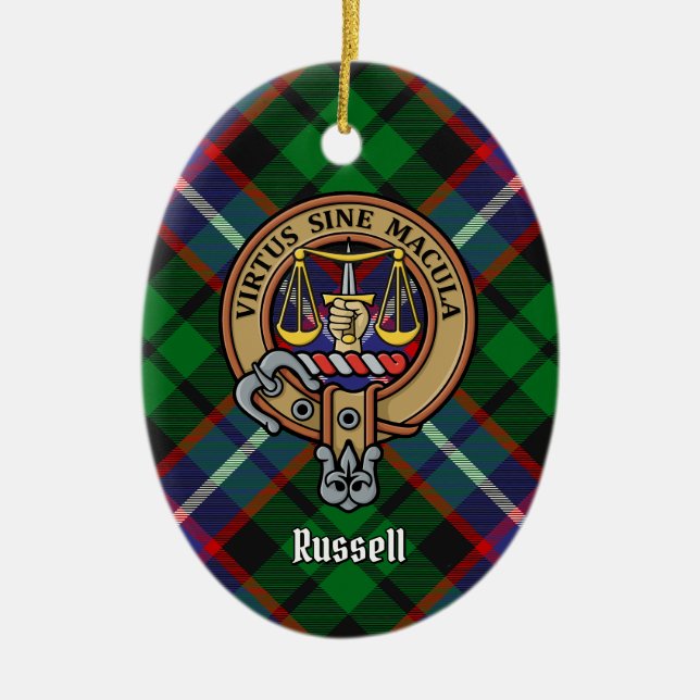 Clan Russell Crest over Tartan Ceramic Ornament (Front)