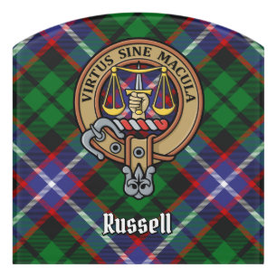 Clan Russell Crest over Tartan Door Sign