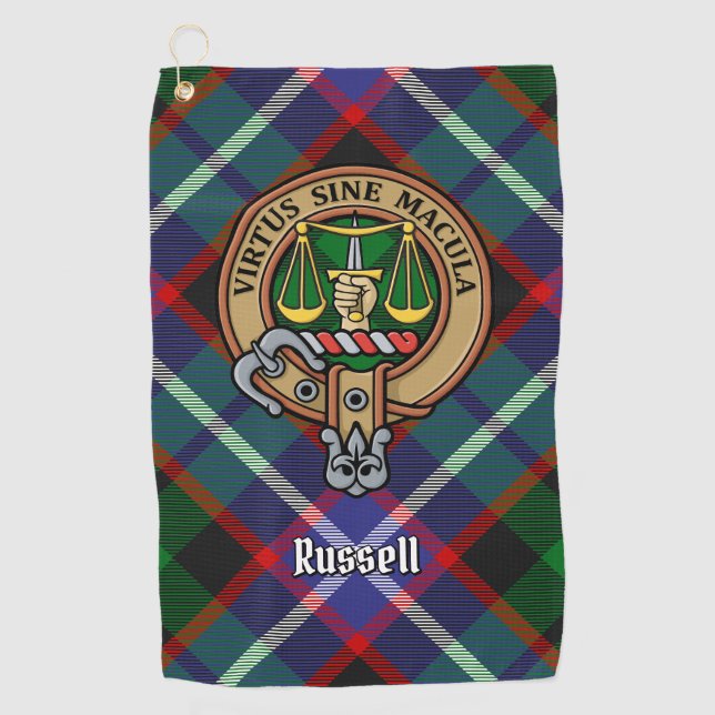 Clan Russell Crest over Tartan Golf Towel (Front)