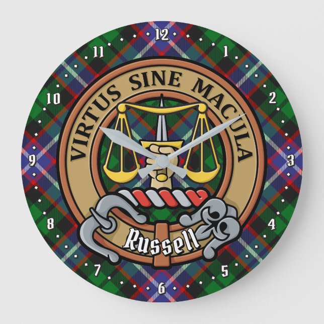 Clan Russell Crest over Tartan Large Clock (Front)