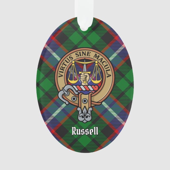 Clan Russell Crest over Tartan Ornament (Front)