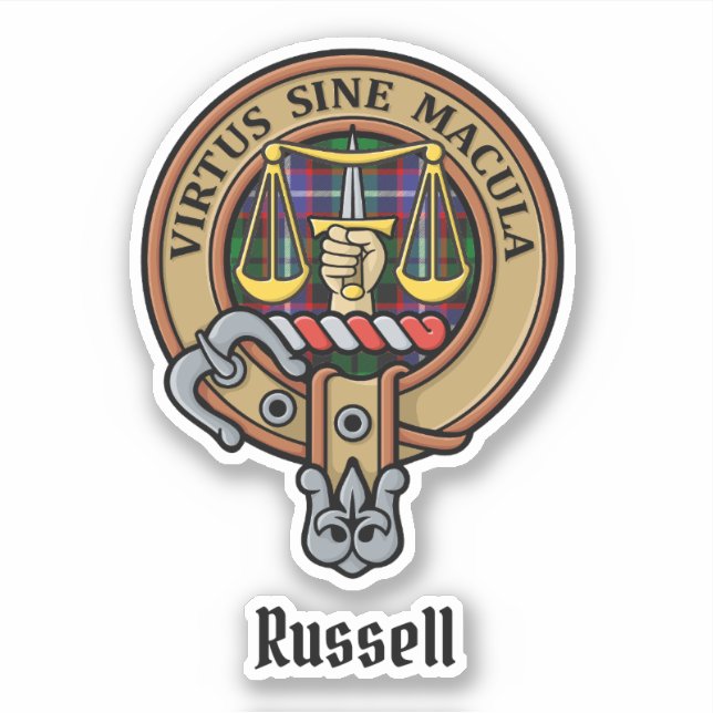 Clan Russell Crest over Tartan Sticker (Front)