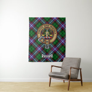 Clan Russell Crest over Tartan Tapestry