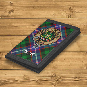 Clan Russell Crest over Tartan Trifold Wallet