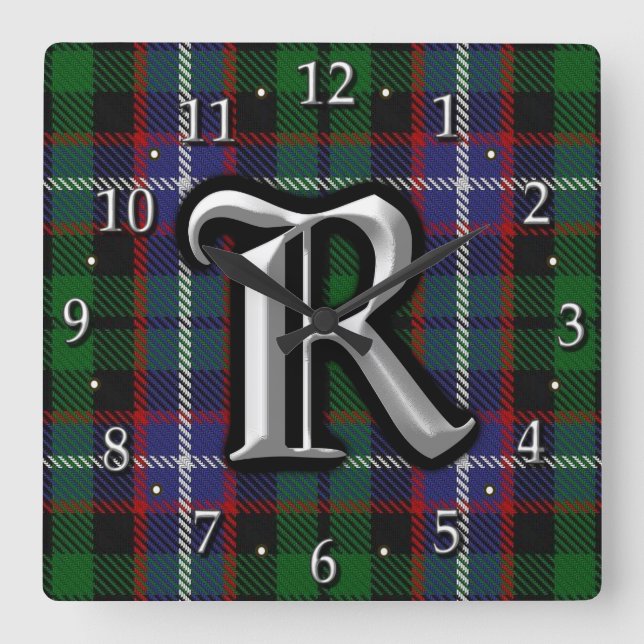 Clan Russell Letter R Monogram Tartan Square Wall Clock (Front)