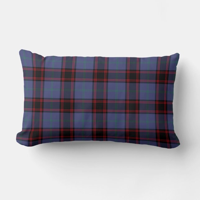Clan Rutherford Tartan Royal Blue and Black Plaid Lumbar Pillow (Front)