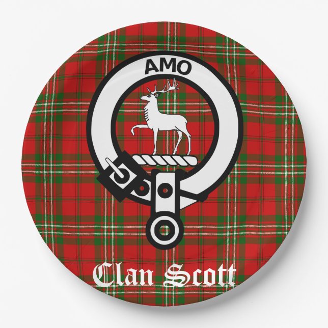 Clan Scott Crest Badge and Tartan Paper Plates (Front)