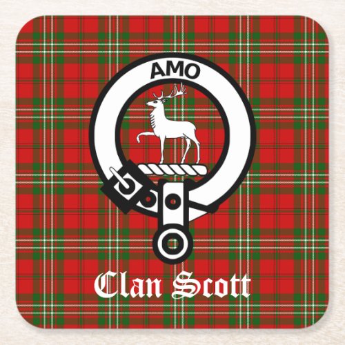 Clan Scott Crest Badge and Tartan Square Paper Coaster
