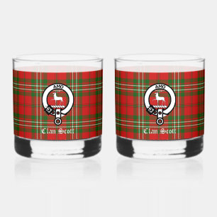 Clan Scott Crest Badge & Tartan Customizable Whiskey Glass