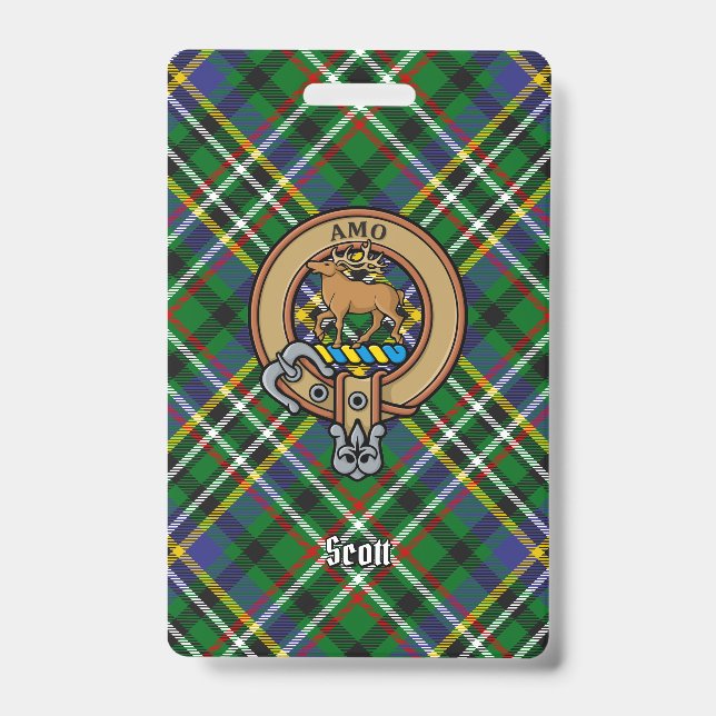 Clan Scott Crest over Green Tartan Badge (Front)