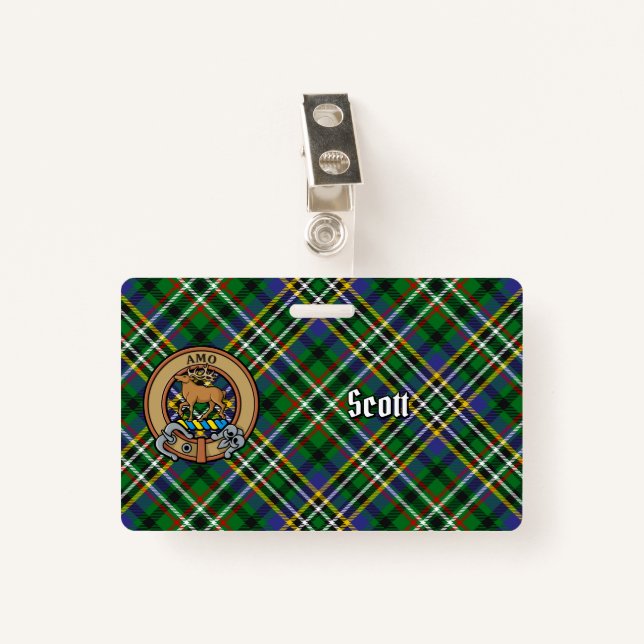Clan Scott Crest over Green Tartan Badge (Front with Clip)
