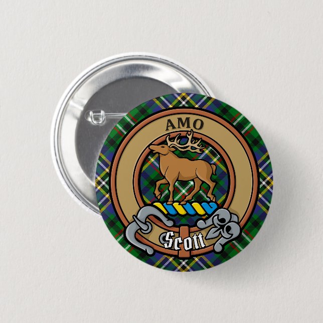 Clan Scott Crest over Green Tartan Button (Front & Back)