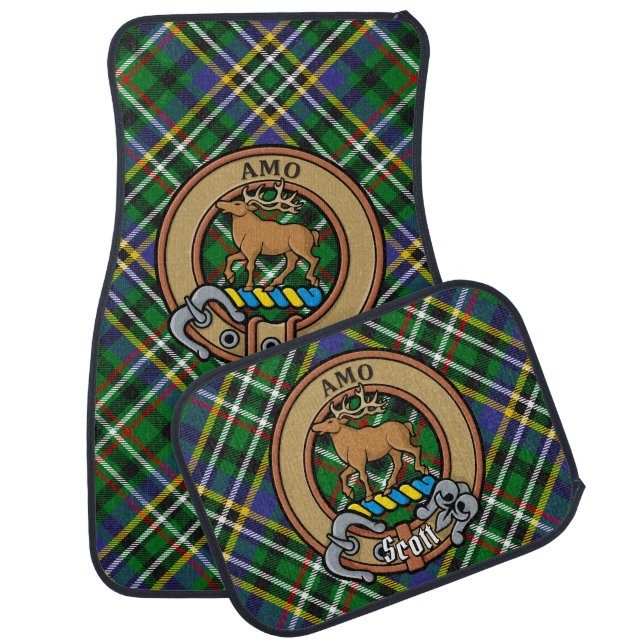 Clan Scott Crest over Green Tartan Car Floor Mat (Set)