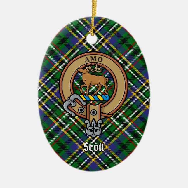 Clan Scott Crest over Green Tartan Ceramic Ornament (Front)