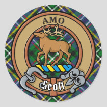 Clan Scott Crest over Green Tartan Classic Round Sticker