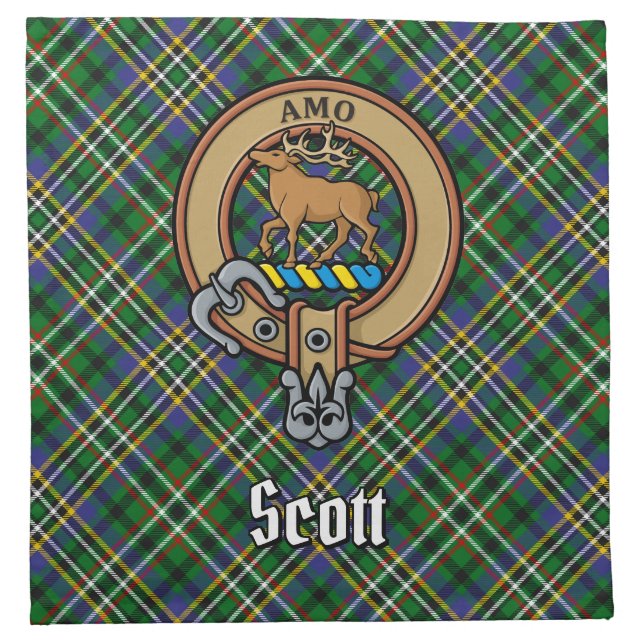 Clan Scott Crest over Green Tartan Cloth Napkin (Front)