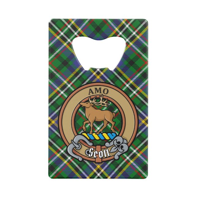Clan Scott Crest over Green Tartan Credit Card Bottle Opener (Front)