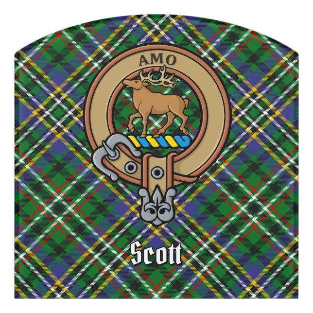 Clan Scott Crest over Green Tartan Door Sign (Contour Front)