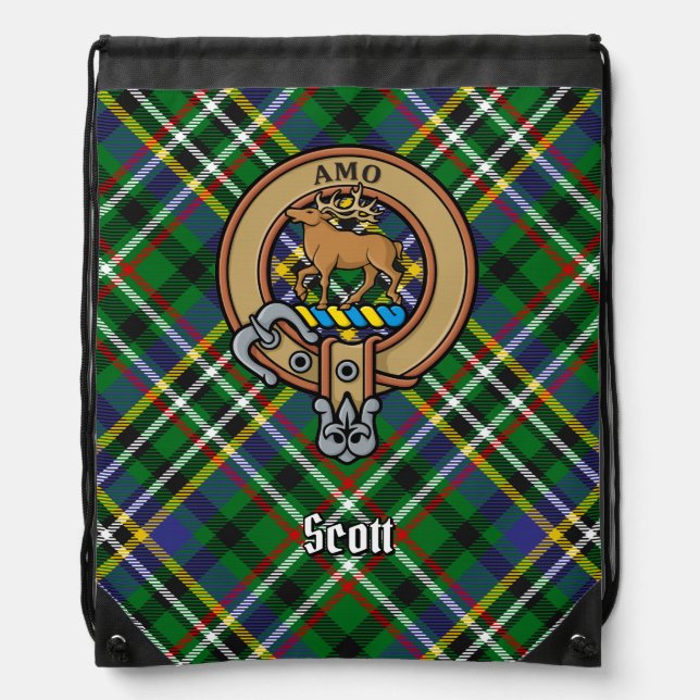 Clan Scott Crest over Green Tartan Drawstring Bag (Front)