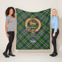 Clan Scott Crest over Green Tartan Fleece Blanket
