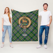 Clan Scott Crest over Green Tartan Fleece Blanket