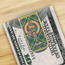 Clan Scott Crest over Green Tartan Gold Finish Money Clip