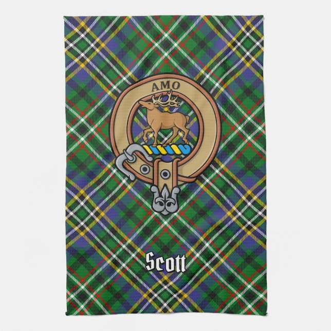 Clan Scott Crest over Green Tartan Kitchen Towel (Vertical)