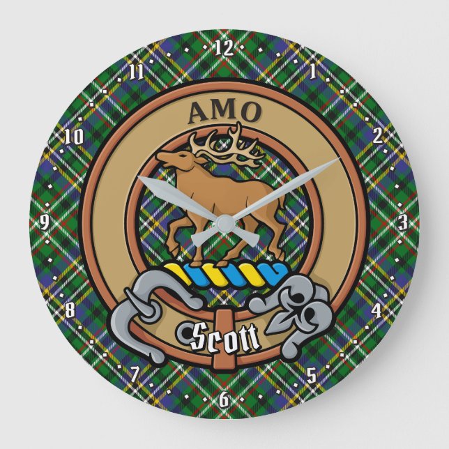 Clan Scott Crest over Green Tartan Large Clock (Front)