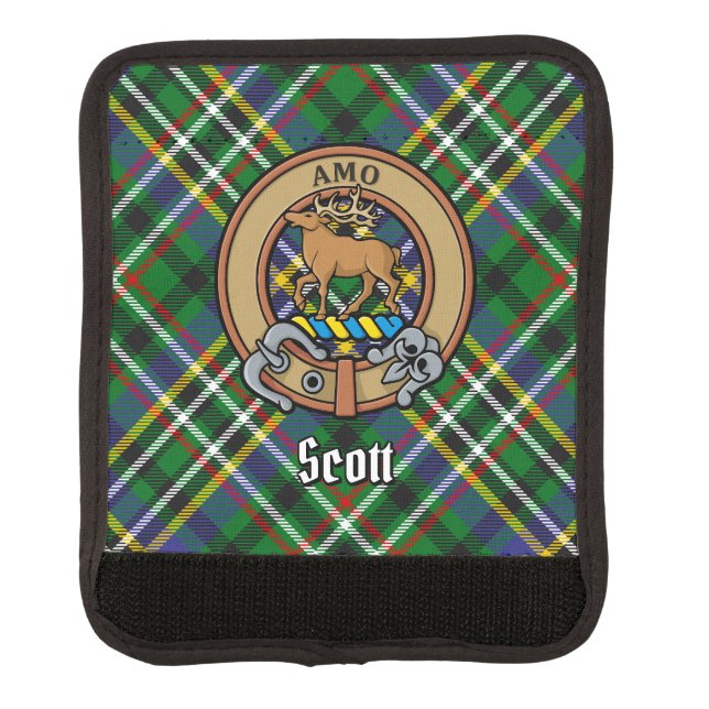 Clan Scott Crest over Green Tartan Luggage Handle Wrap (Front)