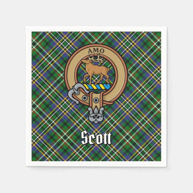 Clan Scott Crest over Green Tartan Napkins (Front)