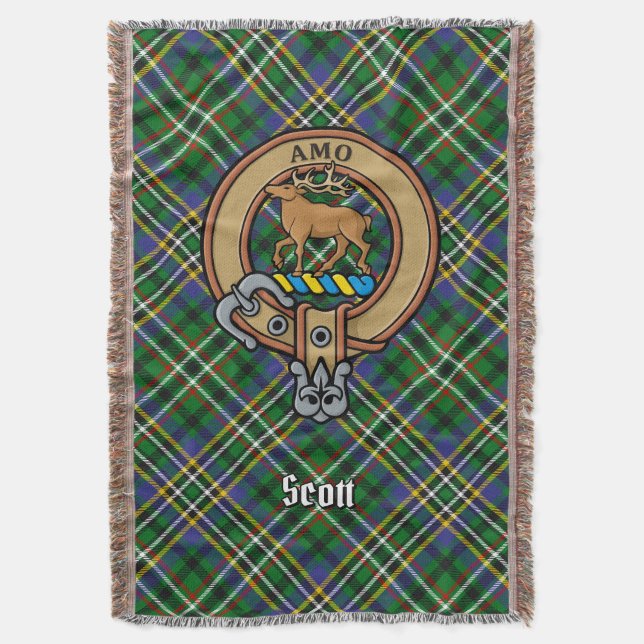 Clan Scott Crest over Green Tartan Throw Blanket (Front Vertical)