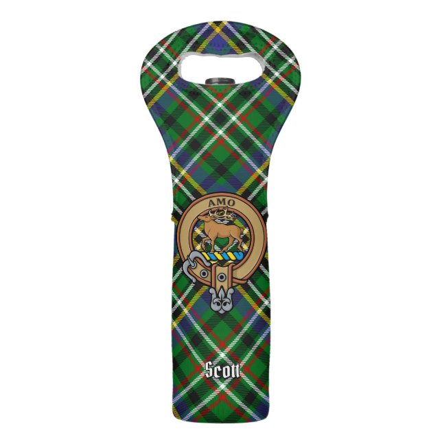 Clan Scott Crest over Green Tartan Wine Bag (Front)