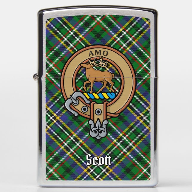 Clan Scott Crest over Green Tartan Zippo Lighter (Front)